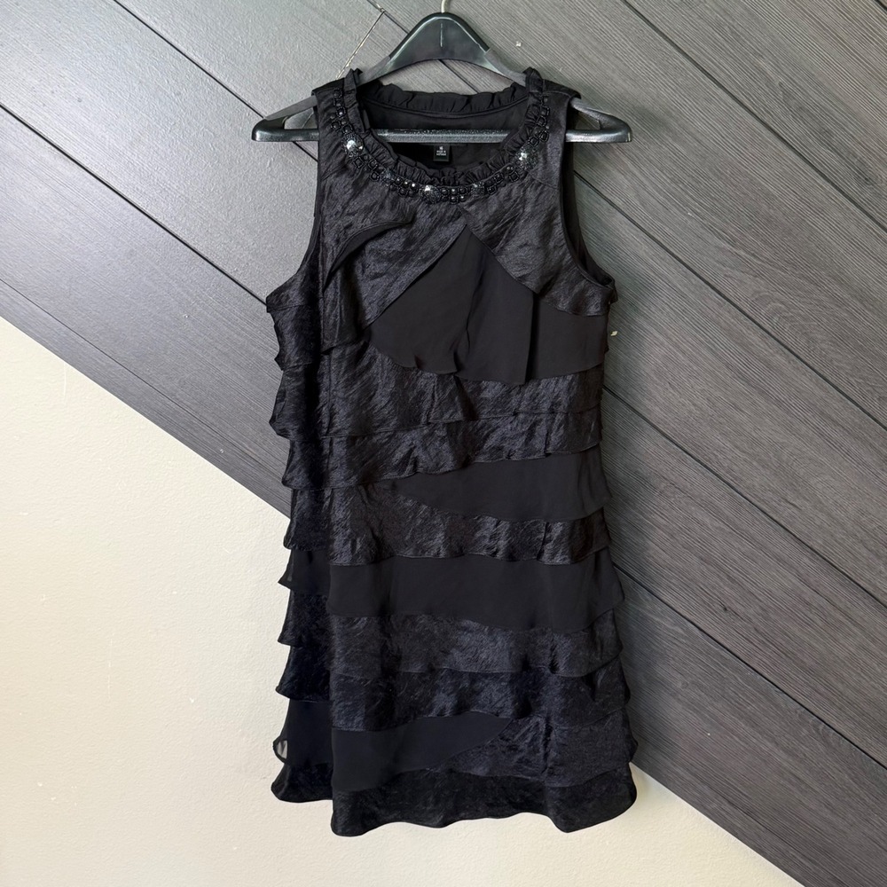 S.L. Fashions Women's Black Tiered Ruffle Beaded Cocktail Dress Size 16